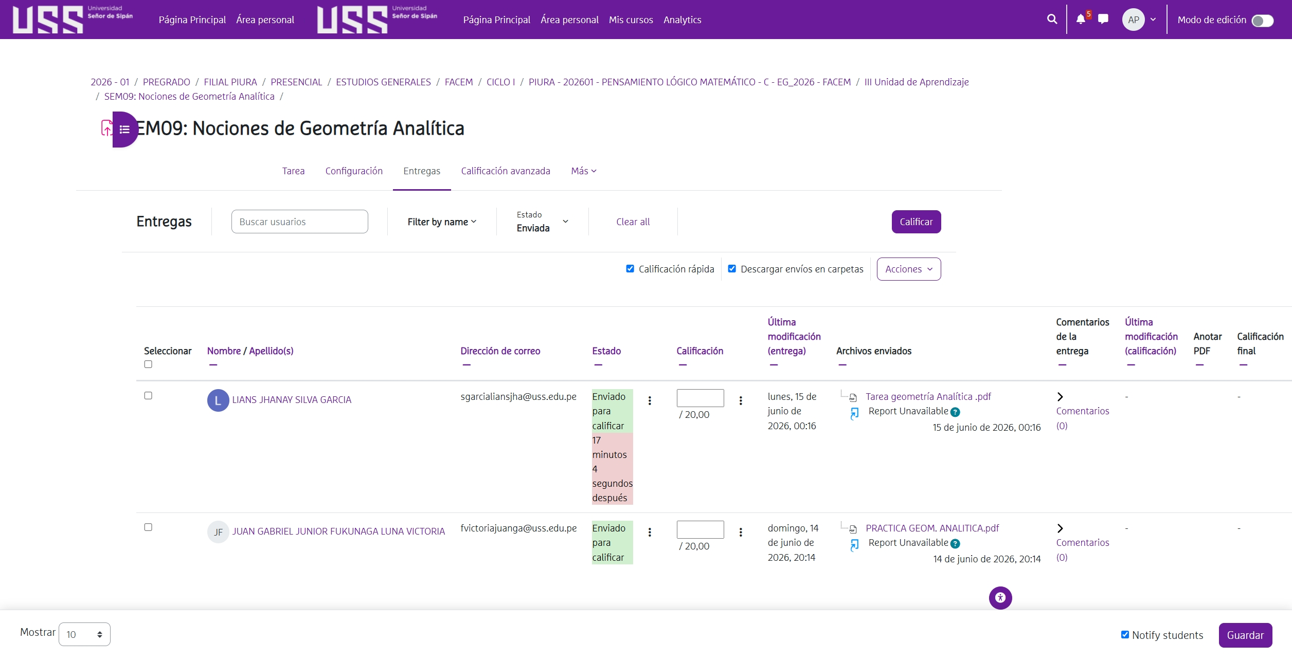 Lista de entregas y evidencias enviadas
